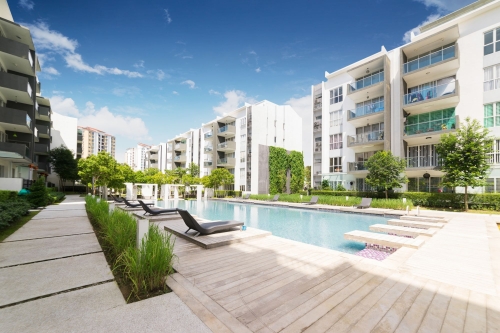 Pool area with lounge chairs