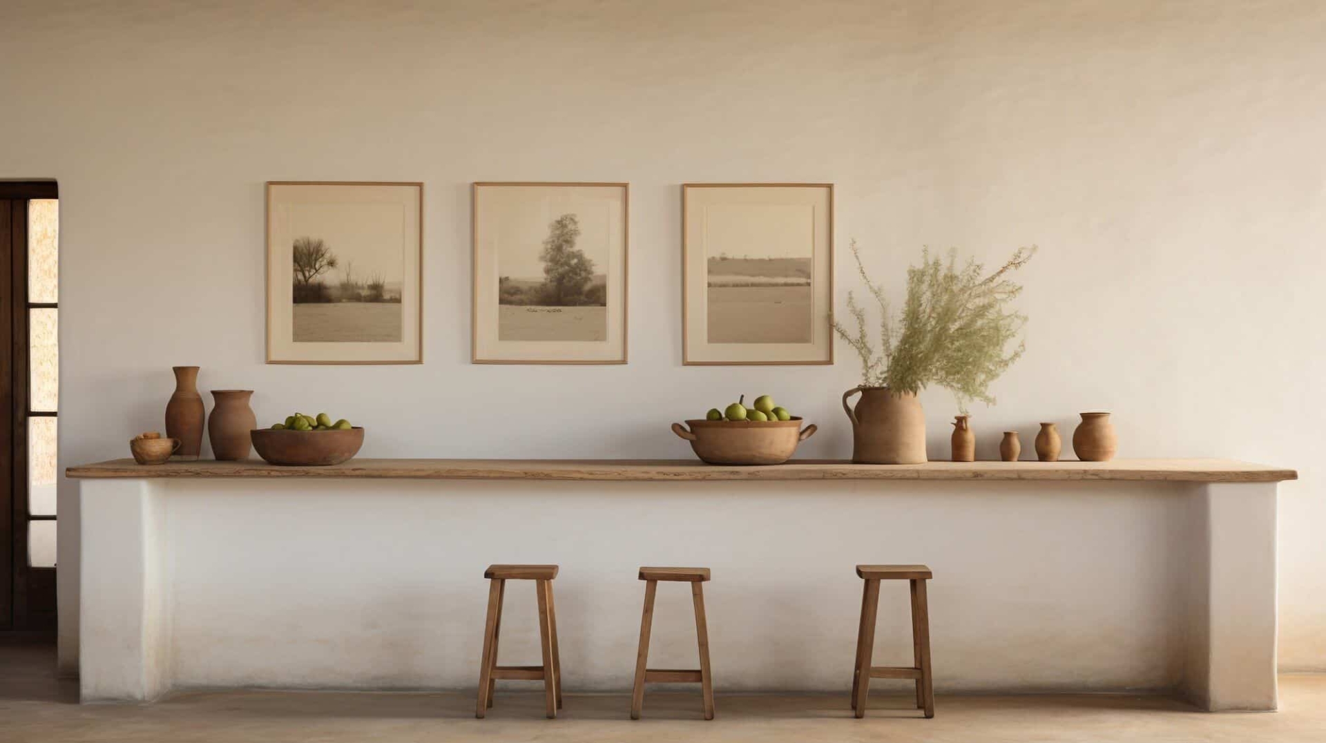 long bar type table with two wood stools