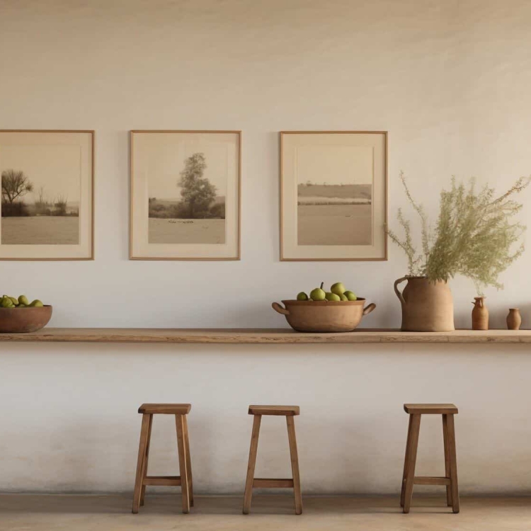 long bar type table with two wood stools