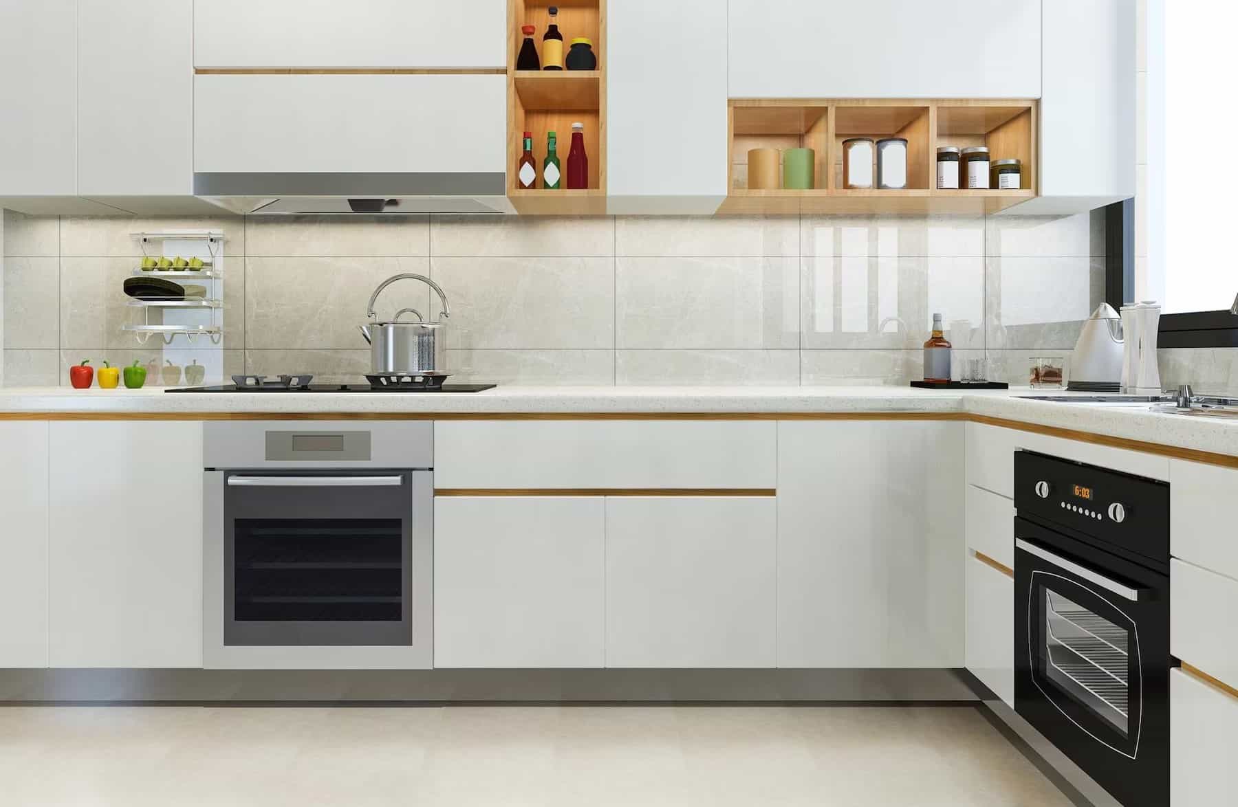 kitchen with white cabinets and wood accents